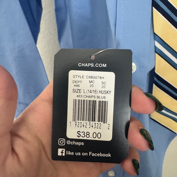 Chaps Kids Blue Button Down Shirt with Yellow Clip On Tie - Picture 2 of 6